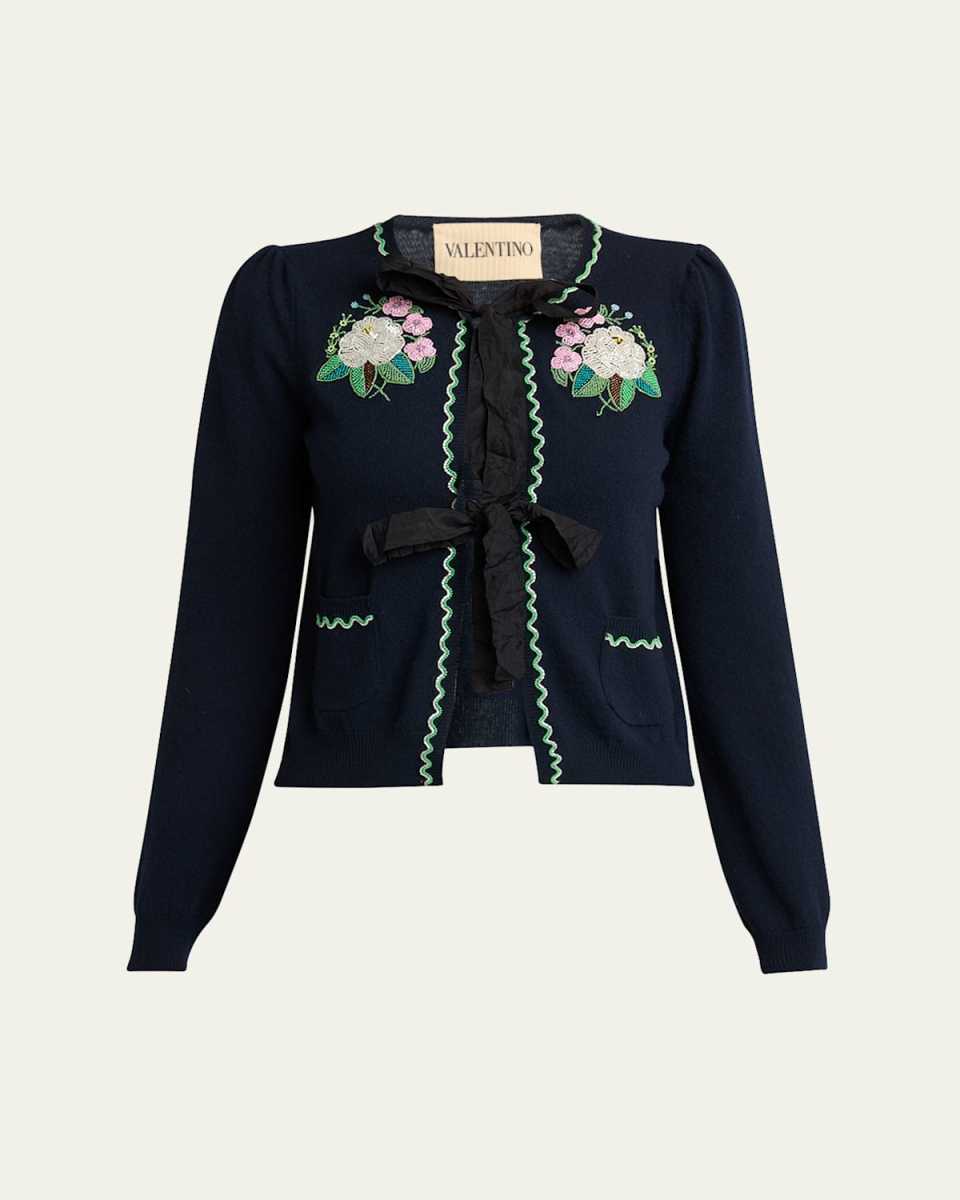 Floral Embroidered Bow-Tie Wool Cardigan
